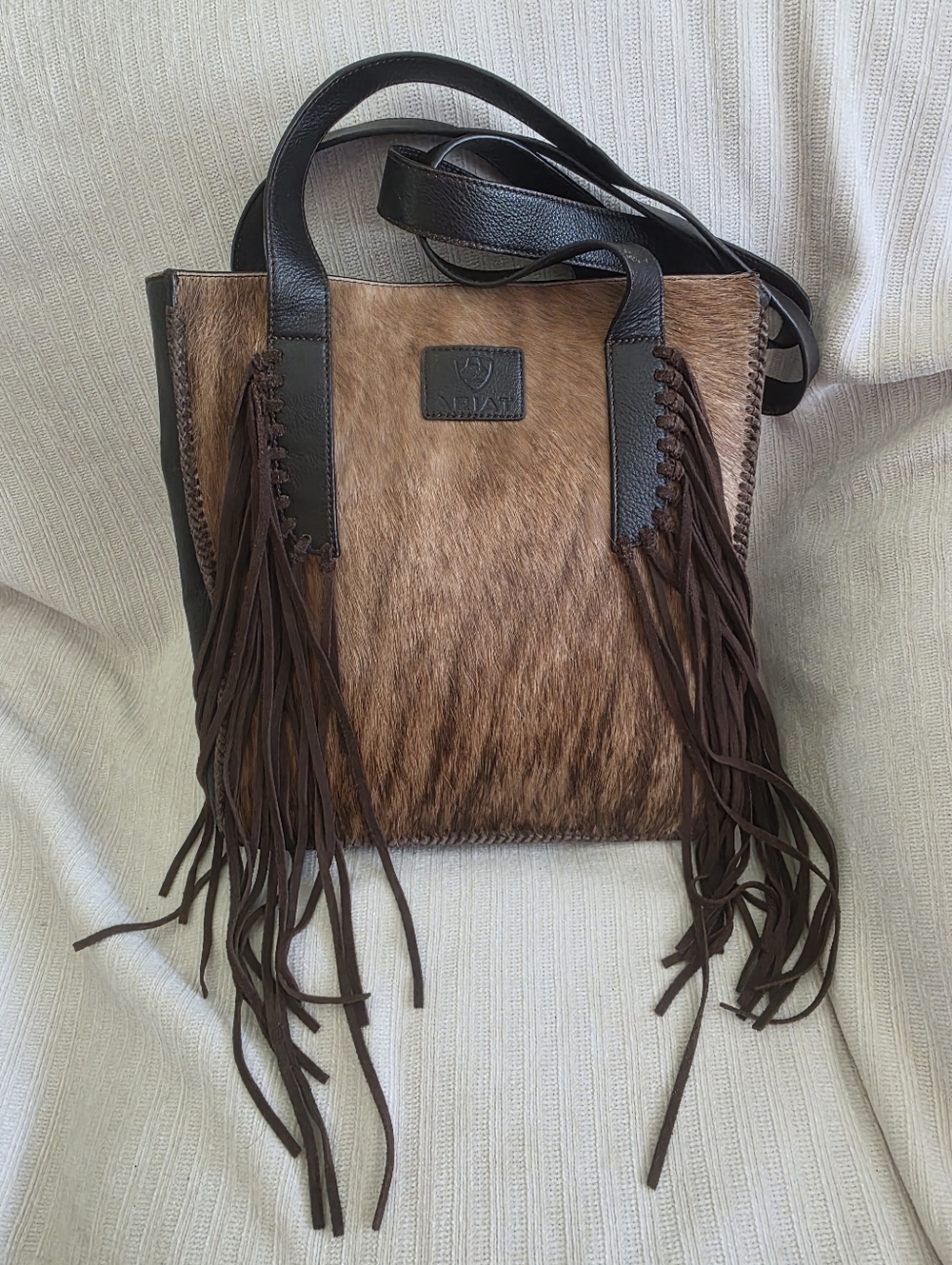 Ariat Brown Haircalf Fringe Tote with Leather Accents